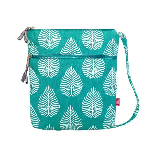 Across body bag in aqua leaf print